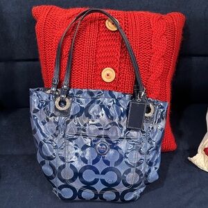 Coach Navy Signature Circle Tote with Black Leather Handles